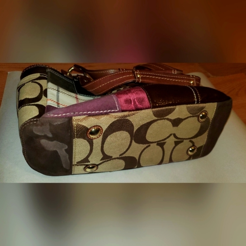 Coach Patchwork Signature Tote Brown Leather Canvas Shoulder Bag - Picture 4 of 7